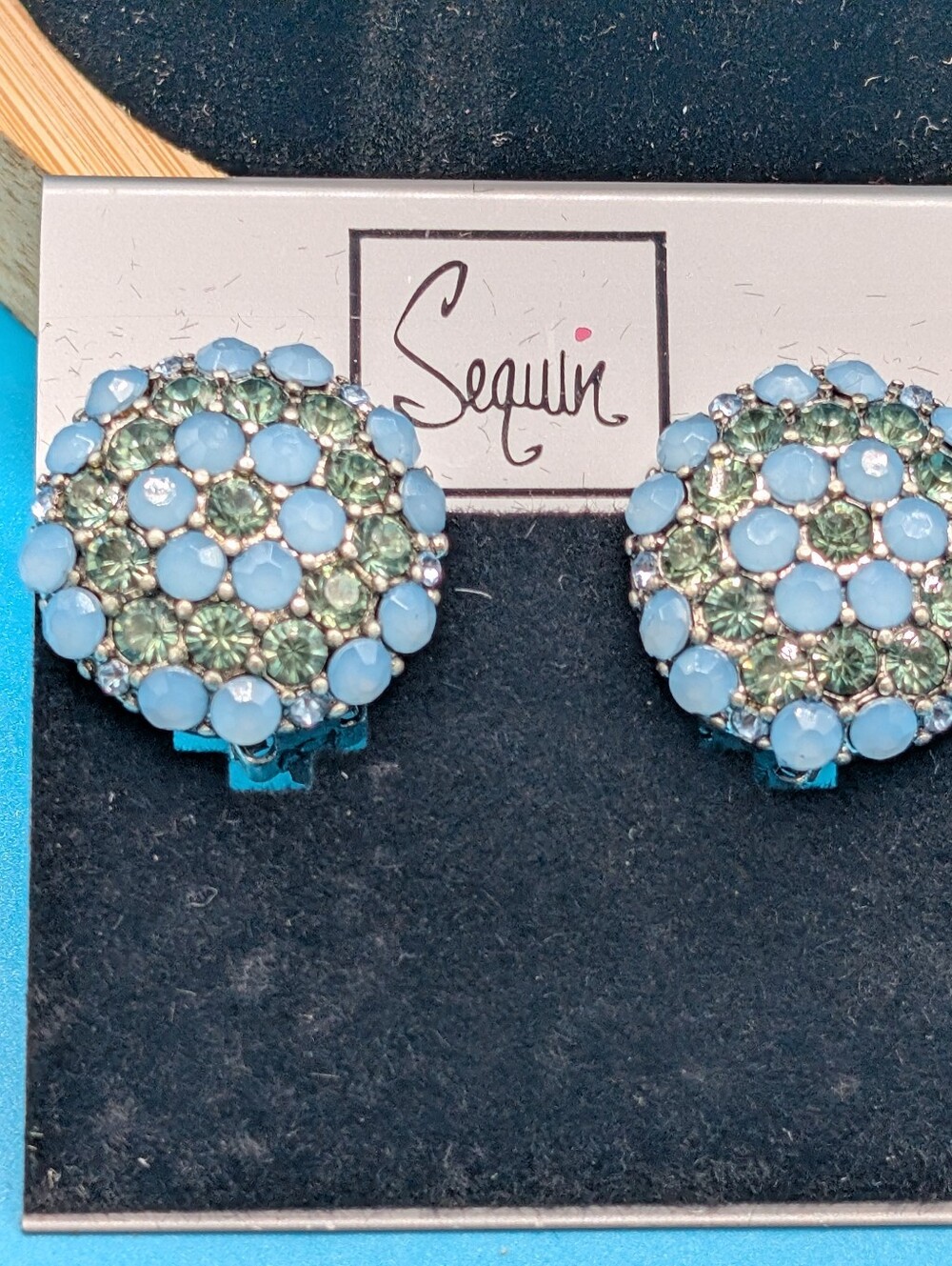 Sequin Blue and Green Crystal Cluster Clip-On Earrings